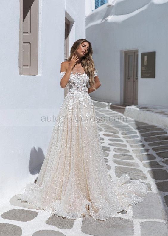 Off Shoulder Beaded Ivory Lace Shimmery Tulle Wedding Dress